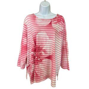 Alfred Dunner Top 1X Pink White Striped Rhinestone Neck 3/4 Sleeve Cottagecore